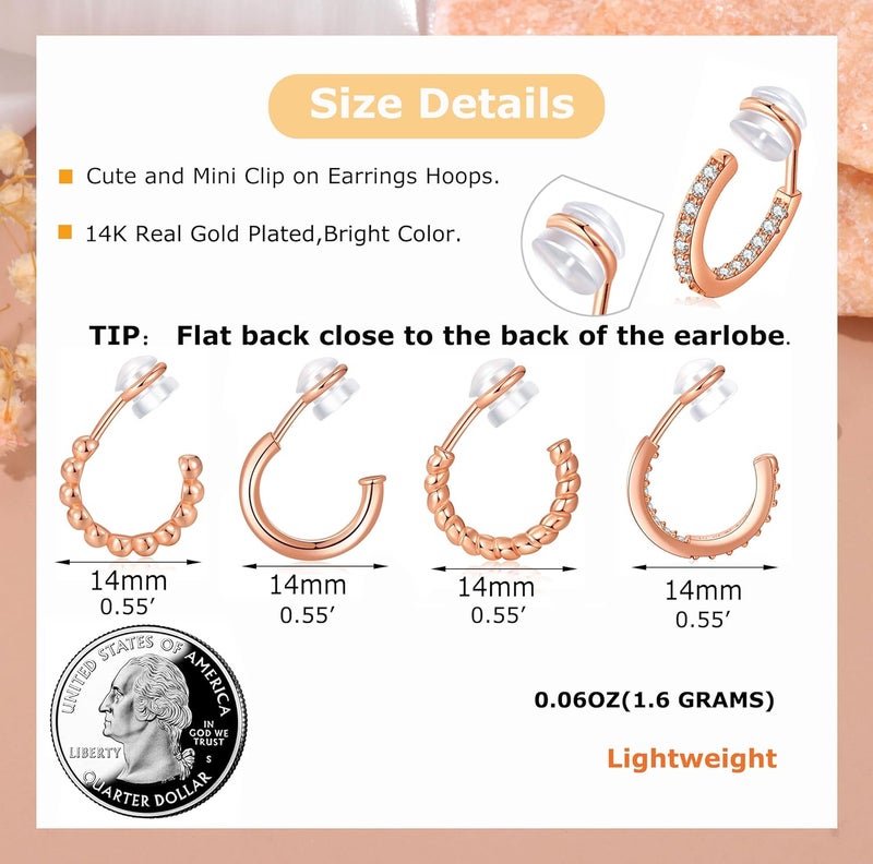 PLOMFOV Clip On Hoop Earrings for Women 14K Gold Plated Non Pierced Earrings Clip On Hoops Small No Piercing Fake Hoop Earrings 14mm - Image 3